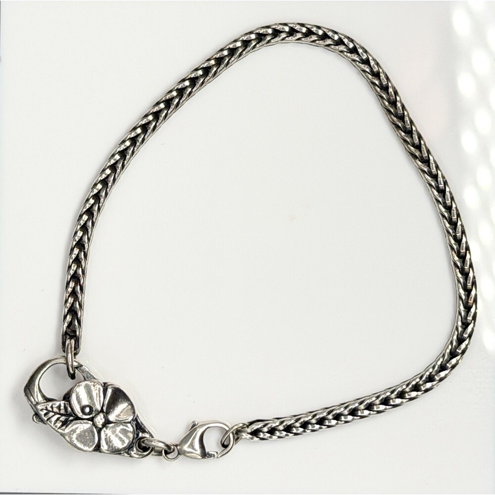 Trollbeads LAA 925 Sterling Silver BIG FLOWER Lock Foxtail Bracelet 8” 14g